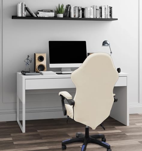 Gaming Chair Cover Set with Armrest Covers, Stretch Ruffled Slipcover for Racing Office Computer Reclining Chairs (Cream) - color: Cream