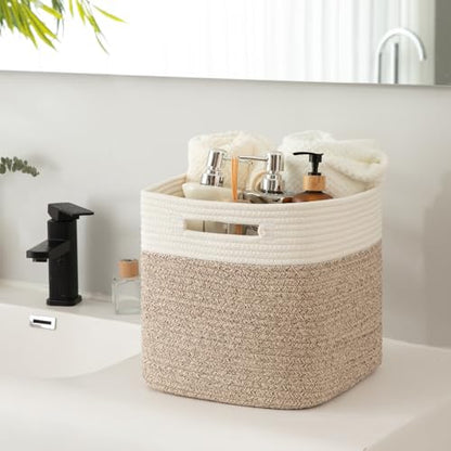 OIAHOMY Cube Storage Basket, 3-Pack Woven Cotton Rope Baskets, 11-Inch Cube Basket with Handles, Great for Shelves, Closets, Children's Toy Organization - White & Brown - color: White & Brown