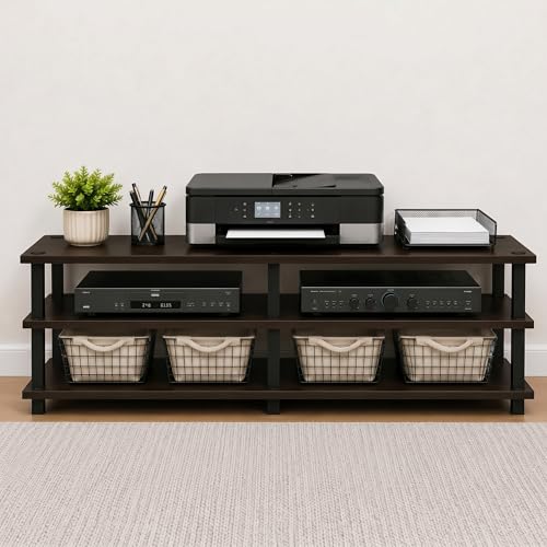 Furinno TURN-S-TUBE Toolless Assembly 3-Tier TV Stand, Entertainment Center for TV up to 55 Inch, Wide Printer Stand with Storage Shelf, for Living Room, Bedroom, Dark Brown - color: Dark Brown/Black, size: 55-inch No Tools