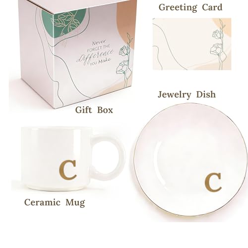 RainVibe Elegant Gift Set for Women – Personalized Monogram Ceramic Mug & Jewelry Tray – 12 oz Gold-Initial Coffee Cup with Gift Box, 4.75" Decorative Dish for Rings, Earrings, Keys (Letter C) - color: Letter C