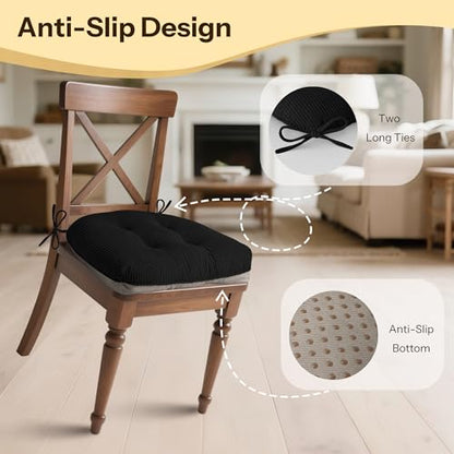 Indoor Kitchen Chair Cushions Set of 4 18"X16.5"X3" Soft Anti Slip Dining Chair Pads Tufted Kitchen Seat Cushion with Ties, Black - color: Black