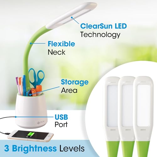OttLite Organize LED Desk Lamp with USB Port, White and Green | ClearSun LEDs Reduce Eyestrain | Built-In Storage Compartment | Flexible Neck 11"-23" | 3 Brightness Settings