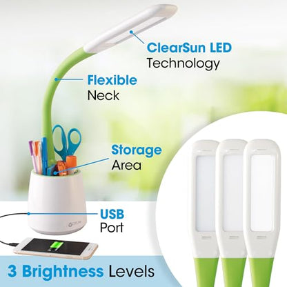 OttLite Organize LED Desk Lamp with USB Port, White and Green | ClearSun LEDs Reduce Eyestrain | Built-In Storage Compartment | Flexible Neck 11"-23" | 3 Brightness Settings