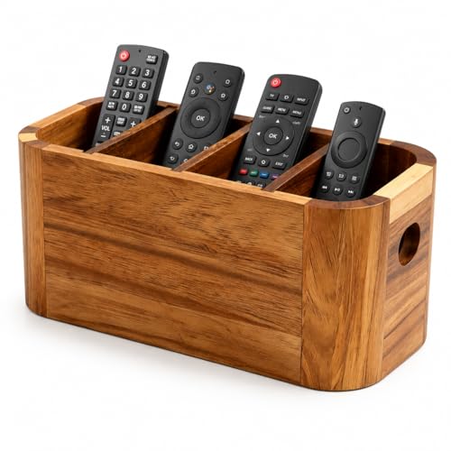 Acacia Wood Remote Control Holder, TV Remote Holder - 4 Compartment Remote Control Storage Organizer, Small Wooden Desktop Caddy for Coffee Table, Nightstand, Living Room, Office, Vanity