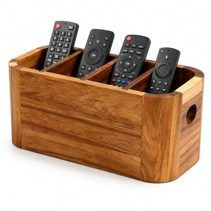 Acacia Wood Remote Control Holder, TV Remote Holder - 4 Compartment Remote Control Storage Organizer, Small Wooden Desktop Caddy for Coffee Table, Nightstand, Living Room, Office, Vanity