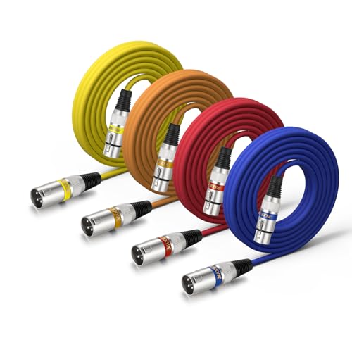 EBXYA XLR Cables 15ft 4 Packs - Mic Balanced DMX Cable with 3-Pin XLR Male to Female Microphone Cable (Red, Orange, Yellow, Blue) - color: 4 Colors, size: 15 feet