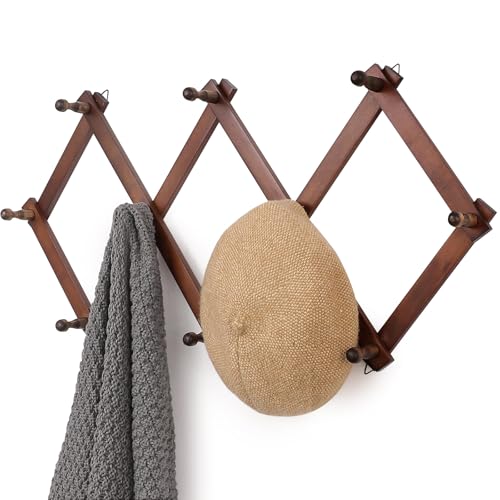SCUNDA Wall Rack with 10 Hooks, Wooden Wall Expandable Coat Rack for Coat, Hats, Baseball Caps, Coffee Mug, Jewelry(Brown) - color: Brown, size: 10 Hooks