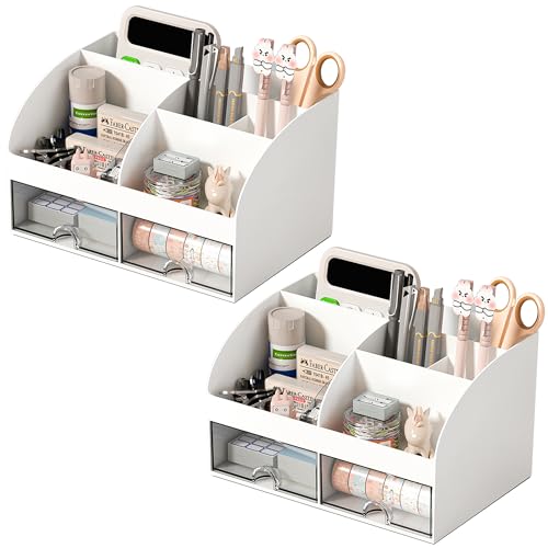 COMFYROOM Desk Organizer with 6 Compartments and 2 Drawers, Plastic Makeup Organizer, Pen Holder for Desktop Storage, Desk Organization for School, Home, Office Supplies (White-2Pack) - color: White-2Pack