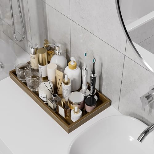 ZHWS Bathroom Vanity Tray for Countertop Perfume Makeup Jewelry Candle Decor, Kitchen Tray for Soap Dispenser Spice Salt, Large Tray for Toilet Tank Paper, Serving Nightstand Brown 13”x6.5” - color: Brown, size: 13" x 6.5" x 1.1"