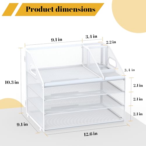 Letter Tray Paper, 4 Tier Desk Organizer with Pen Holder and Handle, Mesh File Organizer Paper Sorter Metal Desktop Document Shelf for Office Home Classroom - White - color: 4 Tier-white