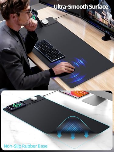 Mouse Pad with Magnetic Wireless Charging & Adjustable Phone Stand, 31.5"x15.8" Extended Desk Mat, Waterproof Ultra-Smooth Keyboard Pad, Non-Slip Base, with 20W PD Adapter, Black - color: Black-31.5"x15.8"-Magnetic Stand(with Adapter)