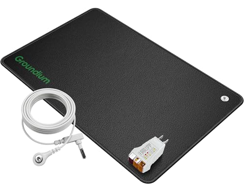Grounding Mat (16.34" x 25.2") - Conductive Carbon PU Earthing Pad for Feet, Under Desk, and Bed - Static Discharge and Ambient Voltage Reduction - Includes 16.4ft Cord and Outlet Tester