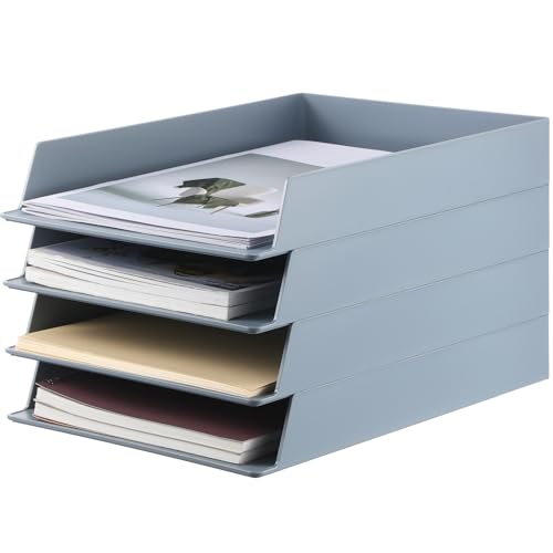 Wenqik 4 Pcs Stackable Paper Trays Rectangular Plastic Desk Holder Desktop Document File Organizer Storage Letter for Office Classroom (Gray) - color: Gray