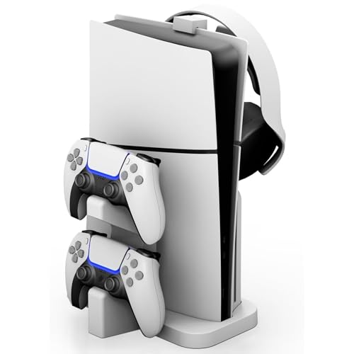 NBCP PS5 Slim Vertical Stand with Dual Controller Charger and LED Indicators for PlayStation 5 Slim Disc & Digital Editions, Includes Headset Holder, Storage Accessory Stand, White - color: White
