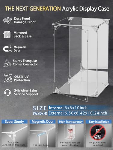 Clear Acrylic Display Case with Mirrored Back and Base, UV Protected Acrylic Box with Magnetic Door, Dustproof Display Box Showcase for Collectibles, Figures, Models, Toys (6x6x10inch) - size: 6x6x10 inch