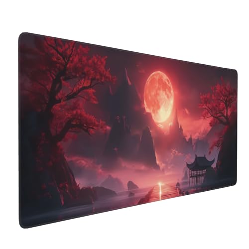 Extended Gaming Mouse Pad, Red Landscape Design, Non-Slip Rubber Base, Stitched Edges, Rectangular, 35.4 x 15.7 Inches - color: red sun