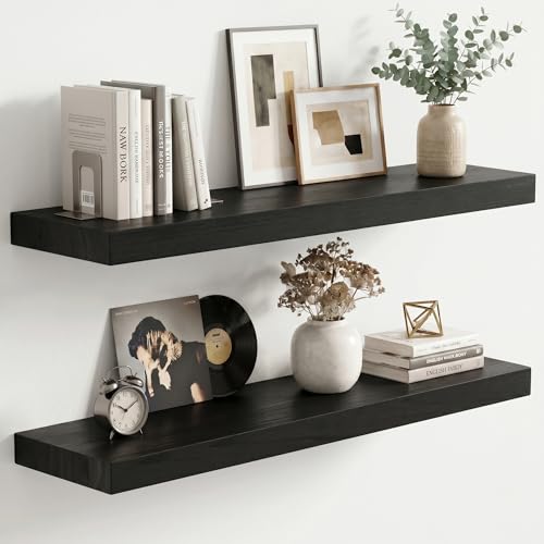fuqing 24" x 6.7" x 1.4" Black Floating Shelves Set of 2, Rustic Black Wood Shelves for Living Room Bathroom, Hardware Included, 40 Lbs, Invisible Brackets - color: Black, size: 24 Inch-UP