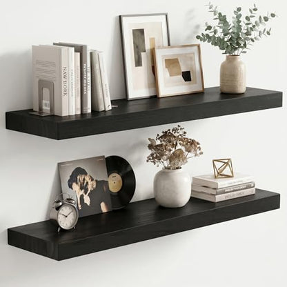 fuqing 24" x 6.7" x 1.4" Black Floating Shelves Set of 2, Rustic Black Wood Shelves for Living Room Bathroom, Hardware Included, 40 Lbs, Invisible Brackets - color: Black, size: 24 Inch-UP