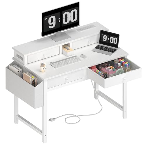 Lufeiya Small White Kids Desk with Fabric Drawers for Bedroom, 32 inch Vanity Makeup Desk with Drawers Storage for Home Office, Writing Study Table with Power Outlet & Monitor Stand, White - color: White