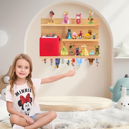PHOENANCEE for Tonies Shelf Magnetic,for Toniebox Figures Storage Display Shelf (40-48 Character),Wall Floating Shelves Wooden,Compatible Charging Station for Children Kid's Room,Pine,3 Tier - color: Natural Wood, size: 3-Tier