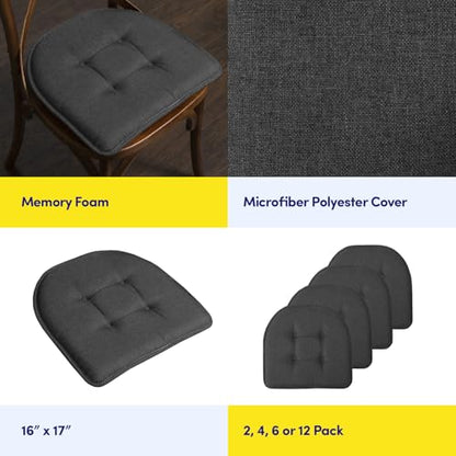 Sweet Home Collection Chair Cushion Memory Foam Pads Tufted Slip Non Skid Rubber Back U-Shaped 17" x 16" Seat Cover, 4 Count (Pack of 1), Charcoal Gray - color: Charcoal Gray, size: 4 Pack, style: Foam Pads