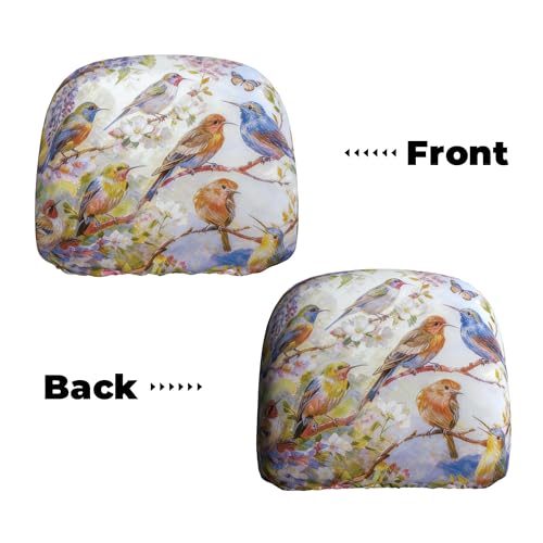 2pc Car Seat Headrest Cover Colorful Bird Head Rest Covers Protector - color: Colorful Spring Bird