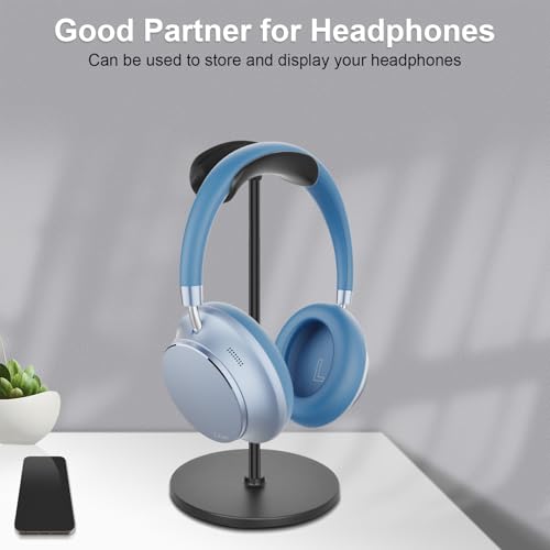 T-fun Headphone Stand, Curved Headset Stand with Aluminum Rod ABS Solid Base Gaming Headset Holder for Desk Headphone Accessories for Organization and Display, Black