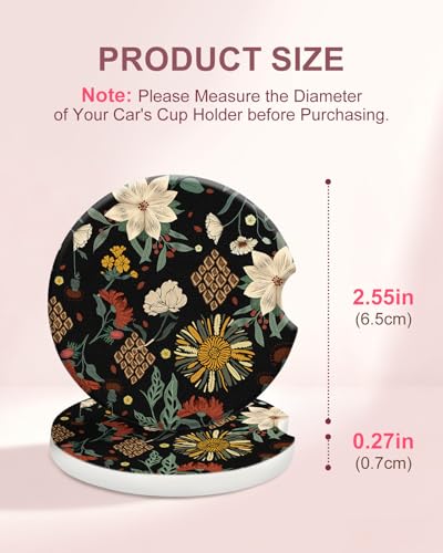 Swooflia Car Coasters for Women - Dark Floral Car Cup Coasters Absorbent Cup Holder Coasters for Car 2 Pcs Ceramic Car Coasters with Cork Base Car Interior Accessories - color: Black Background With Flowers