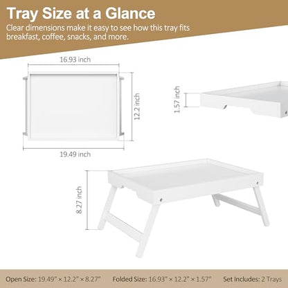 Large Breakfast Tray with Folding Legs Set of 2, 16.9" x 12.2" Bamboo Bed Tray Table with Ergonomic Wave Handles, Foldable TV Dinner Tray for Bed Couch Sofa, Breakfast, Laptop, Coffee,White - color: White, size: Large