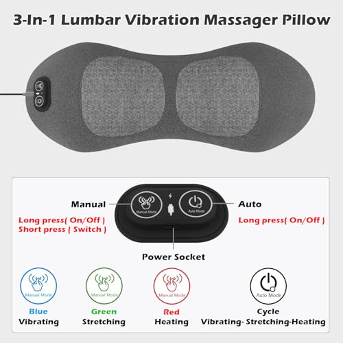 Triple Fusion Back Massager with Heat, Vibration and Traction for Sciatica Pain Relief, 3-in-1 Electric Lumbar Support Pillow Device for Lower Back Pain in Bed, Chair, Couch