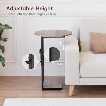 Vagusicc C Shaped End Table with Charging Station, 32" Tall Side Table for Couch and Recliner, Adjustable Height Small Couch Side Table Slide Under Sofa TV Tray Table for Living Room, Bedroom, Greige - color: Greige, style: Charging Station