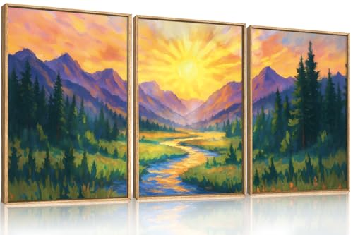 HPNIUB Boho Mountain Sunrise Framed Canvas Wall Art Set,Nature Colorful Wilderness Wall Decor,Abstract Landscape Art Print,Sunset Pine Tree River Artwork for Living Room, Bedroom,Dining Room,Office -24''x36''x3 - color: Pine Mountain Wall Art, size: 24"L