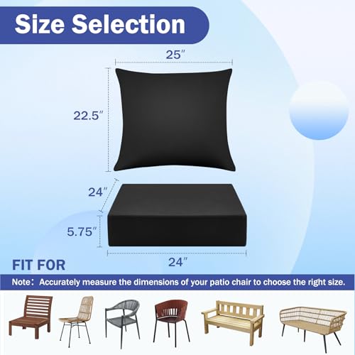 IASEAHK Outdoor Seat Cushion Set, Waterproof & Fade Resistant Patio Chair Cushions, Outdoors Cushion for Patio Furniture, 24 x 24 x 5.75 Inch, Outdoor Couch Cushions with Handle and Ties, Black - color: Black, size: 24*24+5.75/25*22.5