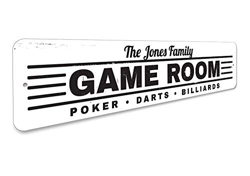 Game Room Sign, Family Name Sign, Custom Poker Darts Billiards Sign, Man Cave Aluminum Decor - 4" x 18" - size: 1) 4"x18" Inches