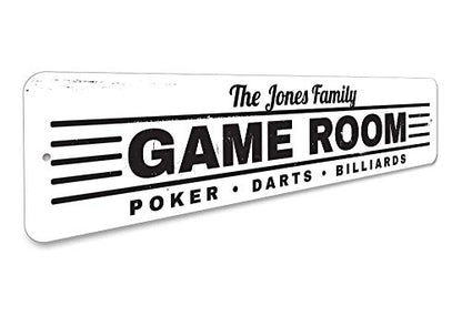 Game Room Sign, Family Name Sign, Custom Poker Darts Billiards Sign, Man Cave Aluminum Decor - 4" x 18" - size: 1) 4"x18" Inches