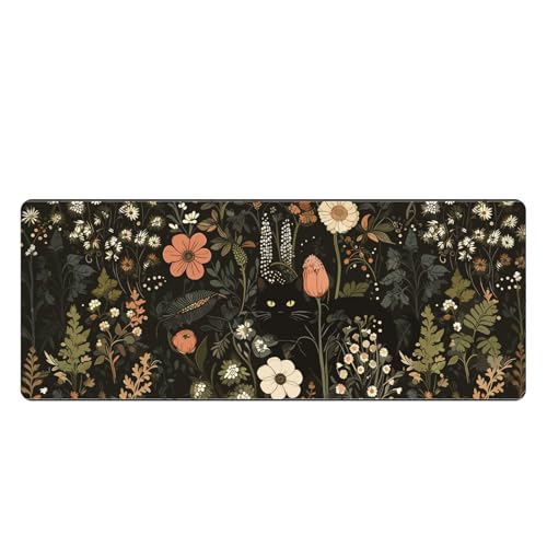 Black Cat Floral Desk Mat, Large Mouse Pad for Keyboard and Mouse, 31.5"x11.8" Extended Office Desk Pad with Stitched Edges, Non-Slip Rubber Base Desktop Accessories for Office - color: Black Cat Floral, size: 31.5L x 11.8W inches