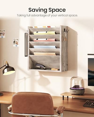 CHOEZON Wall File Organizer, 6-Tier Vertical Mount Hanging Holder with 2 Side Hooks, Modern Wooden Magazine Storage Holder with Bottom Tray, Desk Organizer, for Office, Home, Greige MWJ01FH - color: Greige, size: 6-Tier