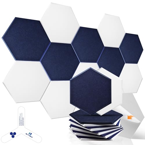 Self-Adhesive Acoustic Panels [390 lbs/yd³ Ultra-High Density], 2nd Generation Sound Absorbing Panel, Professional Level Sound Panel, Polyester Soundproof Foam [Medium Hexagon, White & Dark Blue] - color: White & Dark Blue, size: Medium Hexagon (12''x10''