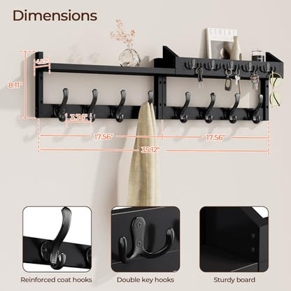Evermagin 35" Coat Rack Wall Mount with Shelf, 4 in 1 Wall Mounted Coat and Key Hanger with 13 Hooks, Entryway Key Holder with Mail Holder for Living Room, Bedroom, Black - color: Black, size: 35 inch