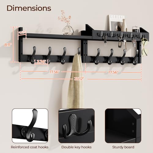 Evermagin 35" Coat Rack Wall Mount with Shelf, 4 in 1 Wall Mounted Coat and Key Hanger with 13 Hooks, Entryway Key Holder with Mail Holder for Living Room, Bedroom, Black - color: Black, size: 35 inch