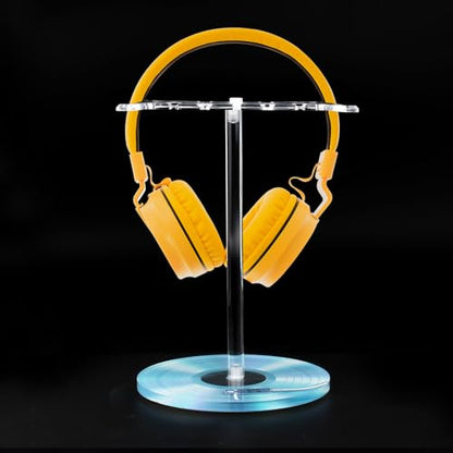 Clear Acrylic Headphone Stand with Patterned Base – Universal Holder for AirPods Max, Gaming & Wireless Headphones – Space-Saving Desk Organizer for Home & Gaming Setup (Blue Record/LP) - style: Blue Record/LP