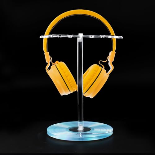 Clear Acrylic Headphone Stand with Patterned Base – Universal Holder for AirPods Max, Gaming & Wireless Headphones – Space-Saving Desk Organizer for Home & Gaming Setup (Blue Record/LP) - style: Blue Record/LP