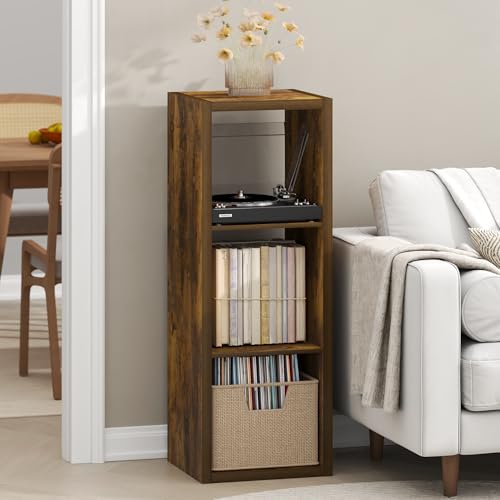 Furinno Cubicle Record Player Stand with Vinyl Storage, 3-Cube 1.2 Extra Thick Vinyl Record Storage, Open Back Media Shelf for CD DVD Blueray Game Disc, for Living Room, Home Office, Amber Pine - color: Amber Pine, size: Extra Thick, 3-Cube Standard