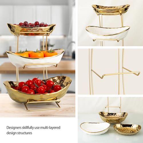 3-Tier Gold Fruit Bowl & Tray with Metal Stand - Ceramic White, Triple Layer for Snacks, Nuts, Bread & Candy Storage - color: A gold triple layer