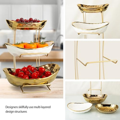 3-Tier Gold Fruit Bowl & Tray with Metal Stand - Ceramic White, Triple Layer for Snacks, Nuts, Bread & Candy Storage - color: A gold triple layer