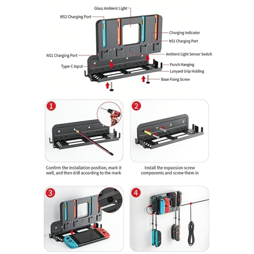Wall Mount Organizer Charging Station for Nintendo Switch 2/1, 4 in 1 Magnetic Joycon Charging Dock with 6 RGB Light Modes