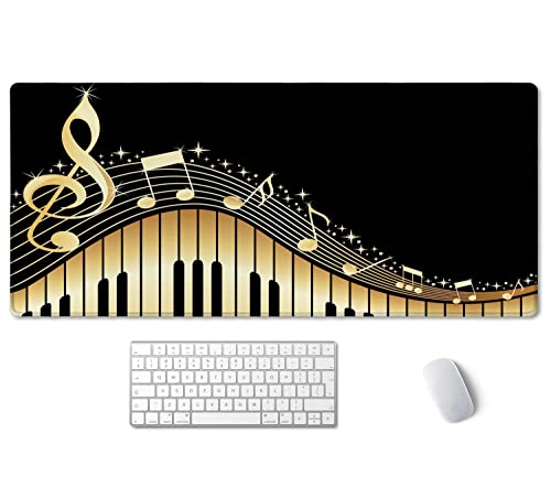 SSOIU Old Vintage Piano and Music Note Mouse Pad 35.5 X 15.7 Inch XXL Black Full Desk Mousepad Extended Large Non-Slip Rubber Base Waterproof Big Keyboard Mat with Stitched Edges for Gaming and Office - color: Music Note