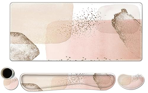 ToLuLu Extended Gaming Mouse Pad, Memory Foam Ergonomic Keyboard Mouse Wrist Rest Support Set, Large Desk Mat with Stitched Edges, Non-Slip Base Mousepad for Home Office Game Study, Pink Gold - color: Pink Gold