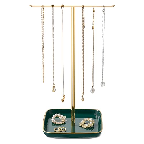 Jewelry Holder Stand with Ceramic Base: 12" Tall Necklace Organizer Rack, Tree Design Display Storage for Necklaces, Bracelets, Rings, Earrings, Aesthetic Room Décor for Girls and Women, Green - color: Green, size: 5.8" base
