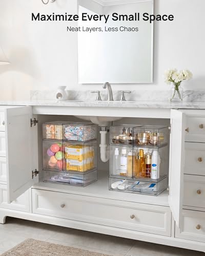 Vtopmart Stackable Storage Drawers Set of 7, Clear Plastic Organizer Bins for Baby Bottle, Beauty Supplies Storage, Ideal for Kichen Countertop, Vanity, Bathroom, Cabinet, Pantry Organization - style: 4 Small+2 High+1 Wide